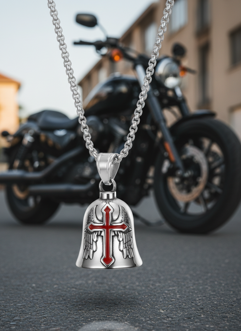 Campana Protectora de motocicleta Cruz Sagrada – Amuleto de la suerte de acero inoxidable
